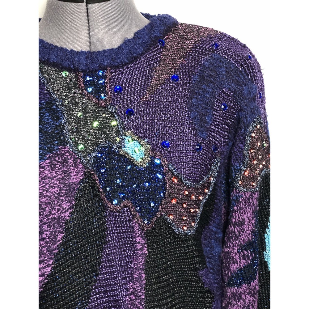 Vtg 80s Funky Statement Sweater Abstract Art Knit Beaded Glam Novelty M B44 - Picture 2 of 9